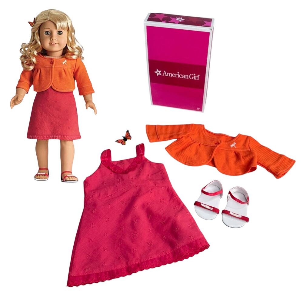 American Girl Lanie Butterfly Outfit Dress Cardigan Sandals Shoes Hair Clip Box